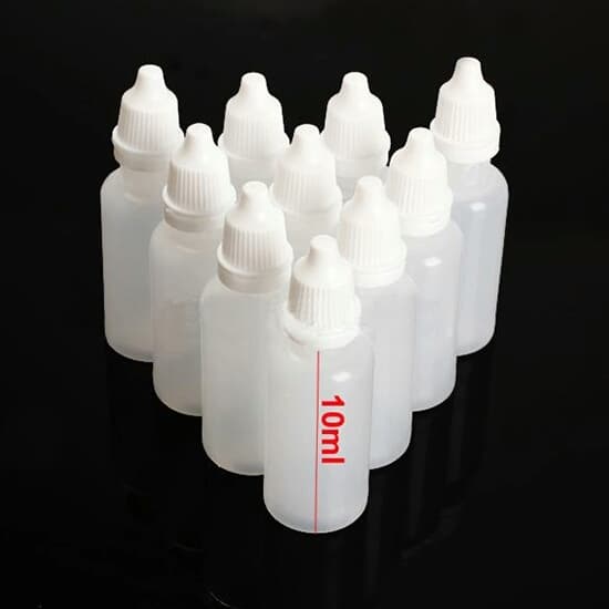 Vloeibare flessen, 5 ml, druppelfles, lege plastic flessen, knijpflessen, reisfles, doseerfles met kinderbeveiliging, deksel, incl. trechter, maatbeker, etiketten (5 ml